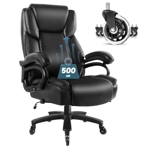 Big and Tall Office Chair 500lbs, Heavy Duty Executive Office Leather Chair for Heavy People, High Back Ergonomic Office Chair with Lumbar Support & Quiet Rubber Wheels, Extra Padded Seat, Black