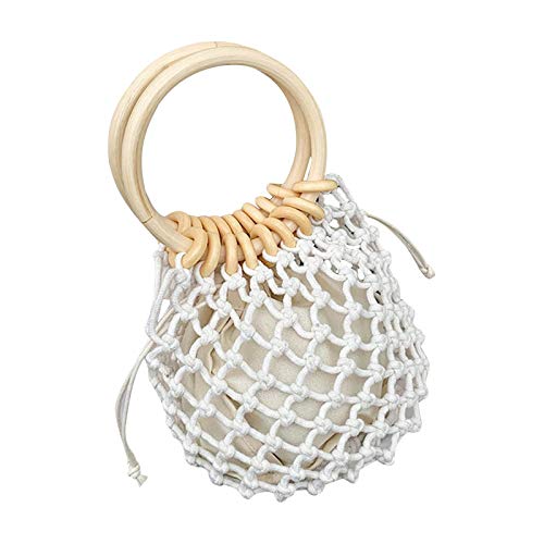 Women Woven Crochet Handbag, Travel Hollow Out Wood Handle Drawstring Bucket Bag Handle Beach Bags