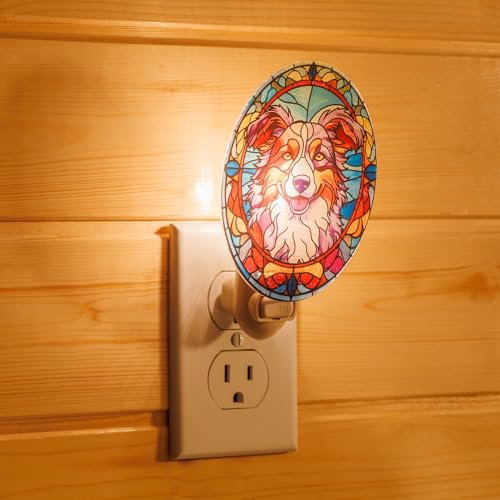 Image of Stained Glass Styled Sheltie Night Light - Real Glass Plug-in Dog Night Light, Pet Memorial or Bedroom Decorative Accent for Home Decor