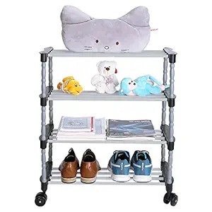 FLIPZON Multipurpose Metal, Plastic Smart Shoe Rack With Wheels|Portable Wide Shelve Storage Rack For Kitchen, Cloth With Wheels Easy To Move (4 Shelves) (Need To Be Assemble -Diy-Do-It-Yourself)