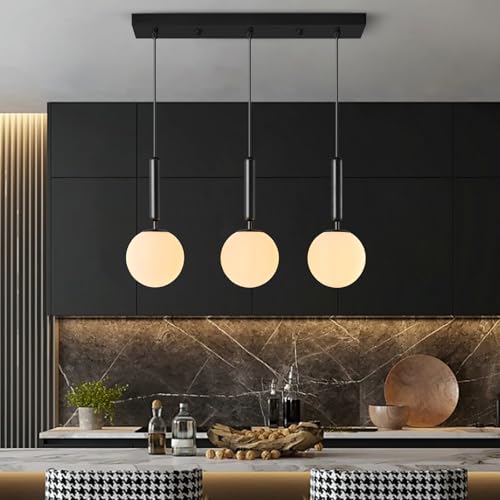 Image of Modern Black Pendant Lights Kitchen Island Mid Century with Globe Pendant Light Milk White Glass Pendant Lighting for Living Room Bedroom Entryway (3 Lights)