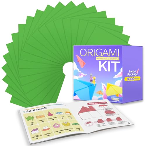 Praisebank Green Origami Paper, 1000pcs 6x6 inch, Double Sided Color, Origami Kit with Guide instruction for Crafts