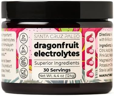 Santa Cruz Paleo Electrolyte Powder, Dragon Fruit Flavor, Sugar Free Hydration Drink Mix with Himalayan Pink Salt, Sea Salt, Magnesium Glycinate, Potassium Chloride, Sweetened with Stevia, 30 Servings