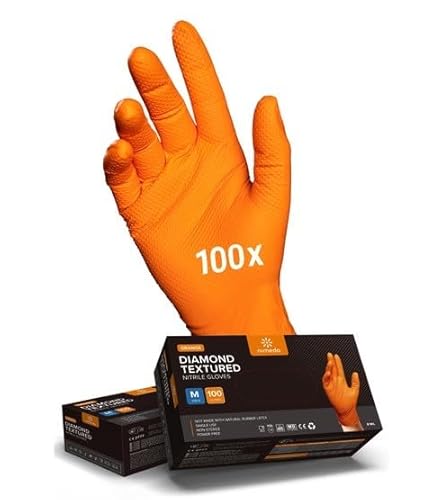 NIMEDA Guantes desechables naranjas, 100 unidades, guantes de nitrilo, 2-3 guantes gruesos desechables, sin polvo, sin látex, con agarre de diamante (naranja, XXL)