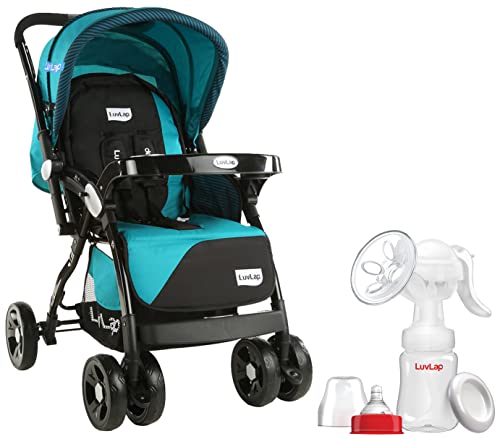 LuvLap Galaxy Stroller/Pram, Extra Large Seating Space, Easy Fold, for Newborn Baby/Kids, 0-3 Years (Green/Black) & Manual Breast Pump, 3 Level Suction Adjustment
