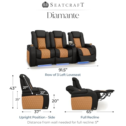 Image of Seatcraft Diamante Black /Tan Oak Italian Leather Home Theater Seating, Zero Gravity Power Recliner, Gaming and Home Office Chair, Powered Headrest Furniture for Cinema Room, Row of 3 Left Loveseats