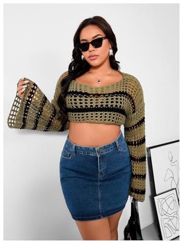 Image of Floerns Women's Plus Size Boat Neck Long Sleeve Hollow Out Crochet Cropped Sweater