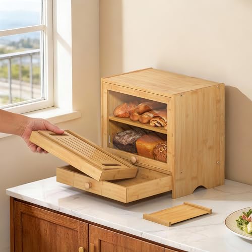 EffiQ-Rate 2 Tier Bamboo Bread Bin with Cutting Board, Natural Wooden Storage for Kitchen Countertop, Organiser for Homemade Breads, Fruits, Tea, and Spices - Image 2