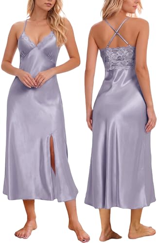 Image of ALCEA ROSEA Women Silk Satin Nightgown Sexy Lace Chemise Lingerie Long Sleepdress for Ladies Sleepwear Slip Negligee