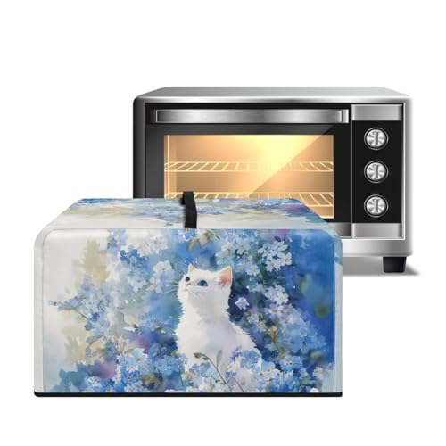 Image of Convection Oven Cover, Dust Proof Smart Microwave Oven Protector for Countertop Decorations, S, 18.25 x 14.5 x 11 Inches, White Cat Blue Flower