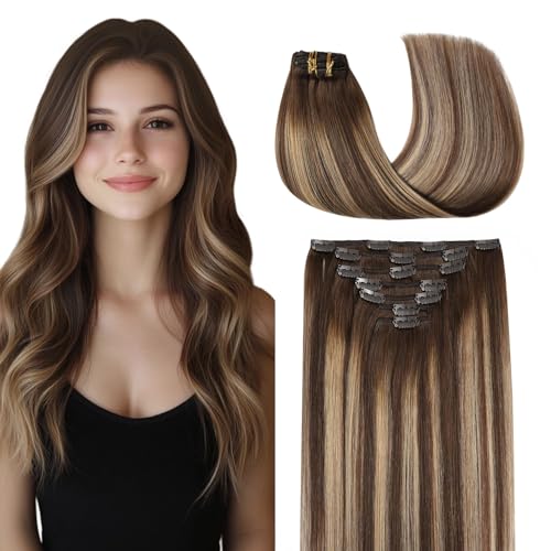 Image of COOKAYU Clip in Hair Extensions Real Human Hair, 4 /27 /4 Medium Brown to Caramel Blonde Balayage Real Human Hair, Remy Clip in Hair Extensions 14 inch 120g 7pcs