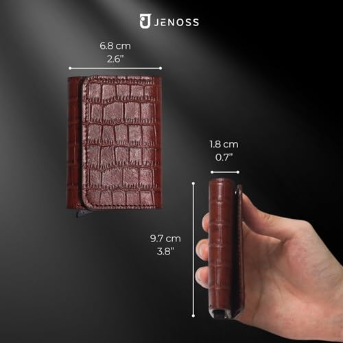 Image of Jenoss Smart Wallet For Men: Full Grain Leather, Handcrafted, Slide Metal Pop Up Case, Slim RFID Blocking Credit Card Holder, Minimalist, Compact, 6-8 Cards Organizers, Front Pocket, Clip (Burgandy)