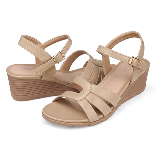 SHIBEVER Wedge Sandals for Women Dressy: Summer Platform Womens Low Wedges Sandals - Comfortable Casual Walking Sandal Apricot Size 11