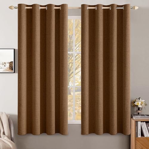 Image of MIULEE Linen Curtains for Bedroom 100% Blackout Thermal Insulated Brown Grommet Room Darkening Curtains & Drapes Fall Decor for Living Room 52 x 63 Inch (2 Panels)