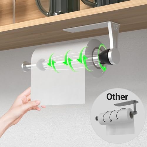 Image of Paper Towel Holder Under Cabinet with Damping Effect, Single-Hand Operable Wall Mount Paper Towel Holder for Kitchen /Bathroom, Under Counter Self-Adhesive /Drilled Kitchen Towel Holder