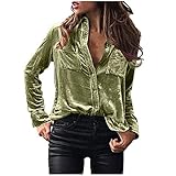 Women's Tops Vintage Velvet Long Sleeve Tunic Tees Casual Button Down V Neck T Shirt Solid Color Comfy Soft Blouse Army Green