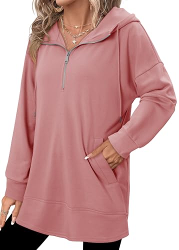 onlypuff Women Hoodie Pullover Trendy Quarter Zipper Lapel Sweatshirts Drawstring Cute Hooded Tunic Tops with Side Pockets