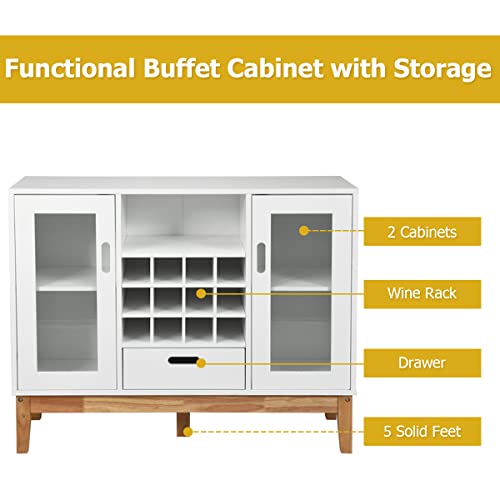 Petsite White Sideboard Buffet Storage Cabinet With Removable Wine Rack, Glass Doors, Open Shelf & Drawer, Wood Accent Console Table For Living Room, Entryway #TOP4