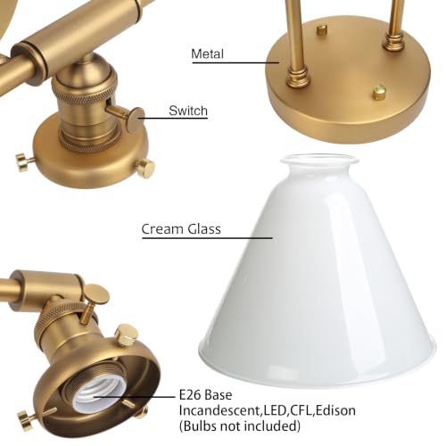 Image of Vintage Industrial 3-Light Bathroom Vanity Light with Milk Glass lampshade - Antique Brass Wall Sconce for Over Mirror, E26 Socket, Dimmable Compatible, Hardwired Installation