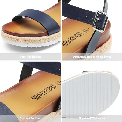 DREAM PAIRS DREAM PAIRS Women’s Open Toe Ankle Strap Espadrille Casual Flatform Platform Wedge Sandals,Size 6.5,Navy-Pu,SUNNA