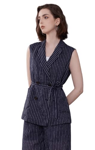 Blazer sans manches femme veste rayures fines bleu marine ceinture