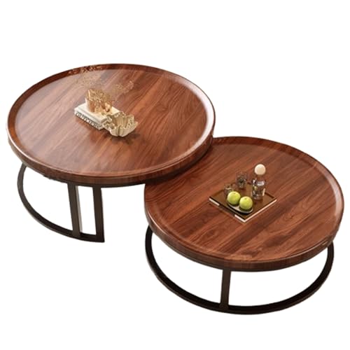 Lot de 2 tables basses gigognes rondes avec pieds en métal robustes pour le salon et la chambre à coucher, assemblage facile, finition noyer, parfaite pour les petits espaces (70 cm et 50 cm)