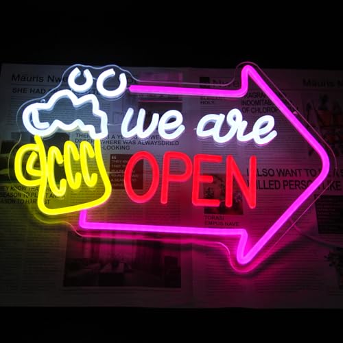 Image of We Are Open Neon Sign with Arrow Beer Neon Light for Bar Restaurant Decor | Dimmable Bar LED Signs for Wall Decor, Business Open Sign, Acrylic Neon Wall Light, USB Powered, Pub Tavern Hotel Shop Decor