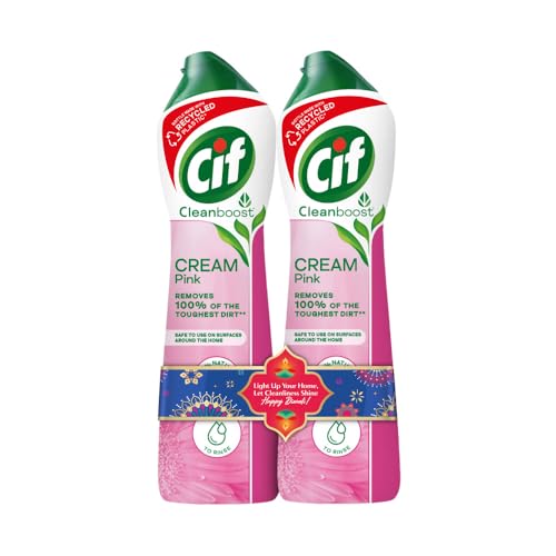 Cif Pink Multi Purpose Surface Cleaner Cream with Floral Fragrance Removes Grease & Dirt wth Natural Cleaning Particles for Shiny Surface 2x500ml