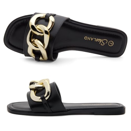 Shoe Land Women's Flat Sandals - Square Open Toe Single Band Fashion Slides with Metal Chain Dressy 2025 Trendy | Comfortable Slippers with Cushioned Footbed for Summer3