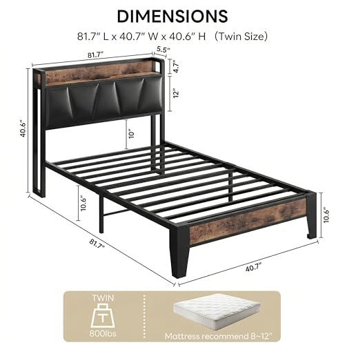 Image of LIKIMIO Twin Bed Frame, Storage Headboard with Charging Station, Solid and Stable, Noise Free, No Box Spring Needed, Easy Assembly (Vintage and Black)