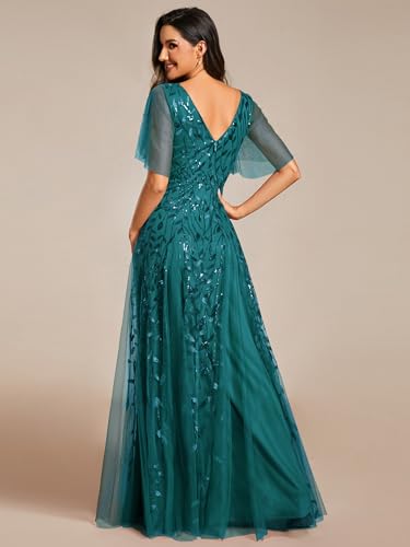 Image of Ever-Pretty Women's Sequin Formal Dresses Evening Gown Sparkly V-Neck Short Sleeve Floor Length Mother of The Bride Dress 736