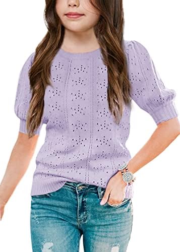 Klousilover Girls Blouse Tops Fall Casual Puff Sleeve Crew Neck Sweaters Solid Hollow Out Knit Pullover Jumper Tops