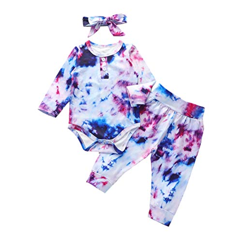 Newborn Infant Baby Boy Girl Long Sleeve Tie Dye Ribbed Romper Bodysuit Jumpsuit Top Onesies+Knit Pants w/Headband Pajamas Plain Outfit Set Fall Winter Clothes Purple+Blue 0-3 Months