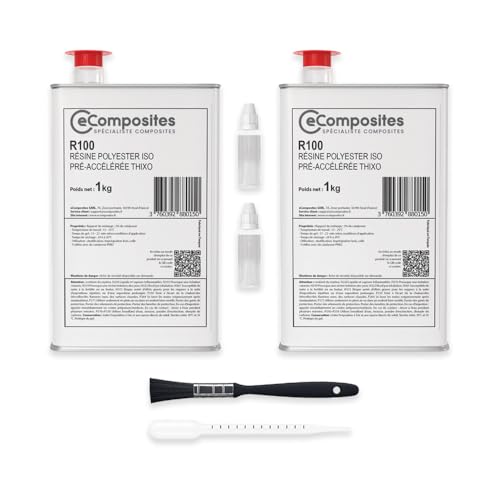 Résine Polyester Iso | 2 kg | + Catalyseur PMEC + Pipette de dosage 3 ml + Pinceau 13 mm - Résine qualité marine pour Bateau, Carrosserie Voiture, Piscine,...