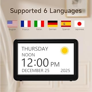 Raynic Date Clock, Digital Clock with 12 Themes, 20 Alarms, 20 Reminders, Semi-Automatic Dimming, 12/24 Hours, Auto DST Clock for Seniors Desktop, Office, Students (Black, 7 Inches)