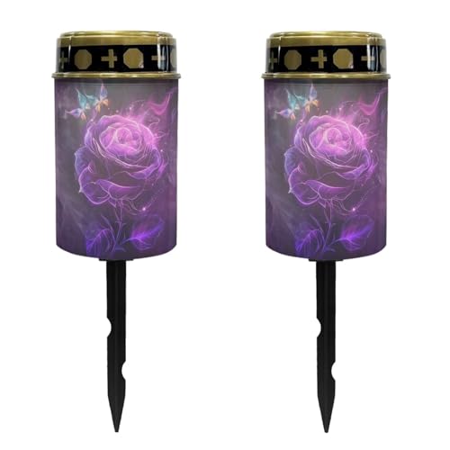 Uorisanigo Purple Rose Solar Lights for Grave Cemetery Decor 2 Pcs