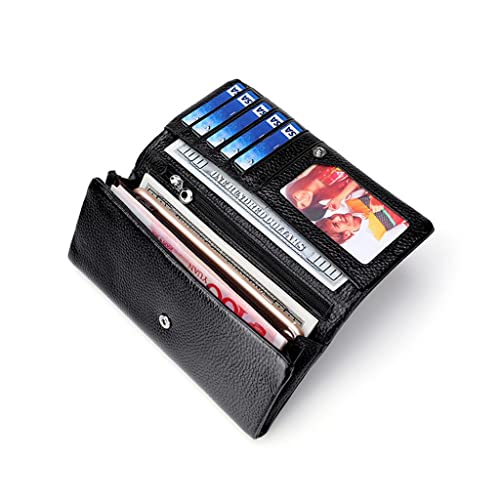 Pochette portefeuille en cuir véritable de vachette pour femmes grand format grain litchi