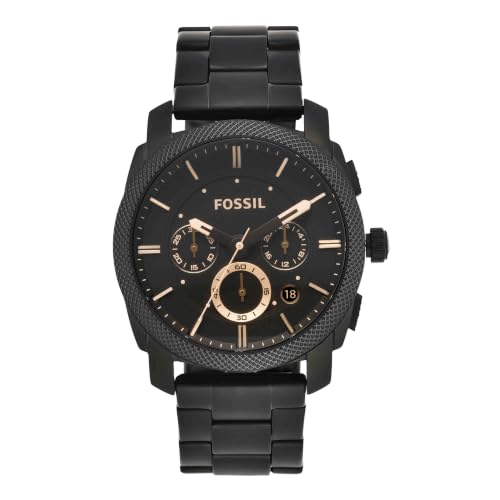 Fossil Reloj para Hombre Machine, Movimiento cronógrafo de Cuarzo, 42mm Caja de Acero Negro con Correa de Acero, FS4682, 42MM, Negro y Tono Oro Rosa