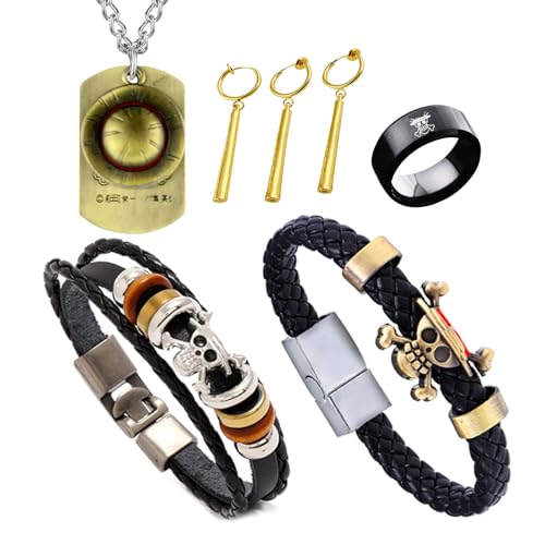TFYU One P. Juego de joyas para cosplay, collar Luffy con colgante de piel sintética, pulsera con colgante de esqueleto, pulsera, anillo de esqueleto, calcomanías de anime (aretes Zorro no requiere