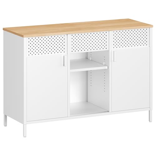 SONGMICS Aufbewahrungsschrank, Metallschrank, Schrank mit Doppeltür, Sideboard, Magnetverschluss, verstellbare Einlegeböden, Stahlgestell, mattweiß-eichenbeige LSC204WC01