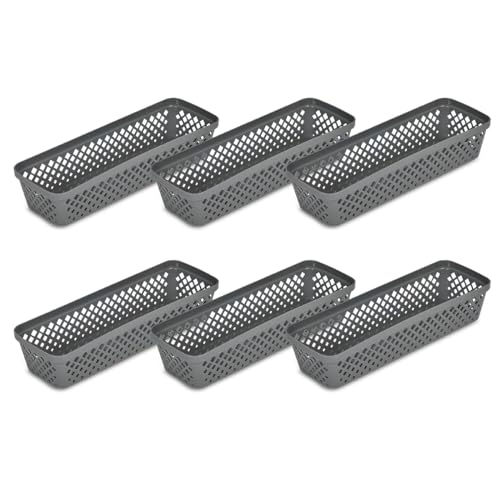 Image of Glad Plastic Storage Basket Set - Multipurpose Drawer Trays, Kitchen Pantry Containers, and Bathroom Bins - 6 Pack Narrow Organizers, Grey