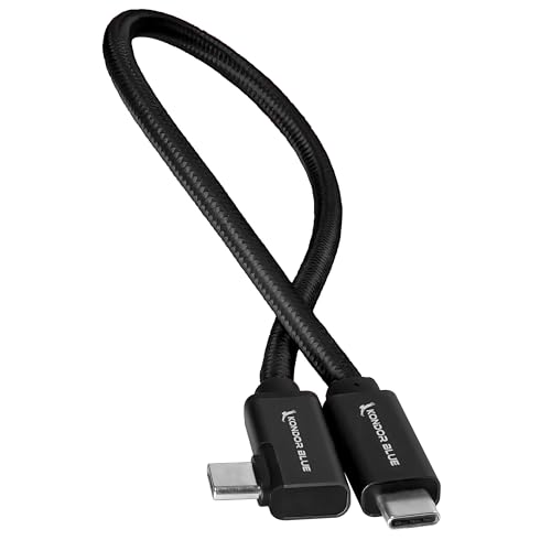 KONDOR BLUE | Right Angle 12" USB-C Braided Cable for 8K Data and Power Delivery | 20 Gb/s Transfer Speed, USB PD 100W Charging, & Thunderbolt 3 Compatible | Black