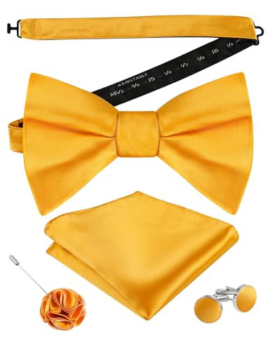Image of Alizeal Mens 4pcs Formal Solid Bow Tie Set | Pre-tied Pocket Square Cufflinks Boutonniere for Wedding Everyday Use