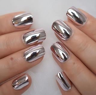 Silver Chrome Press on Nails SHIQIXIANNV Medium Square Fake Nails