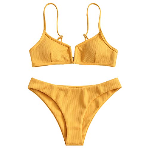 ZAFUL Women's V-Wire Padded Ribbed High Cut Cami Bikini Set Two Piece Swimsuit (Bee Yellow, L)