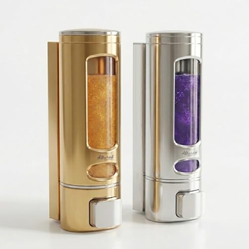 Image of ALTURAS Wall Mounted Liquid Soap Dispenser, ABS, 400 ML, for Shampoo, Sanitizer and Gel Handwash Dispenser (400 ML Gold and Silver)