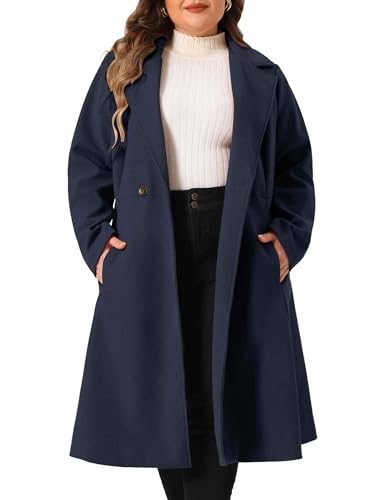 Image of Agnes Orinda Plus Size Coats for Women Notch Lapel A Line Double Breasted Elegant Trench Winter Dress Pea Coats 4X Dark Blue