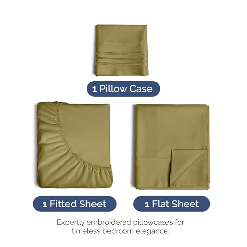 Image of Twin XL Size 3 Piece Sheet Set - Ultra Soft & Cooling Sheets - Olive Yellow | Fits 8 Inch to 16 inch Mattress, Wrinkle Free & Fade Resistant with Deep Pockets, Breathable, Comfy Hotel Luxury Bedding
