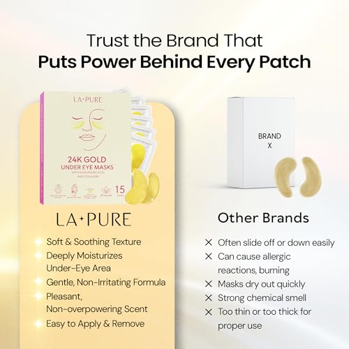 LA PURE 24k Gold Under Eye Mask for Dark Circles and Puffiness, Revitalizing & Non-Irritating Anti Aging Eye Patches with Hyaluronic Acid & Collagen - Dermatologically Tested - 15 Pairs Eye Gel Pads