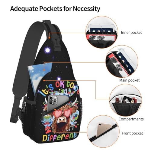 Highland Cow with Autism Puzzle Heart Sunglasses Sling Backpack Unisex Crossbody Chest Bag Shoulder Chest Bag For Women Men Hiking Travel4